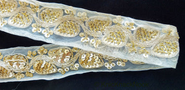 Light Beige Art Silk Fabric Trim With Gold Embroidery and Gold Sequins, Approx. 41mm Wide - 210119L171